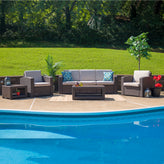 Seneca 5 Piece Outdoor Faux Rattan Chair, Sofa and Table Set in Seneca Chocolate Brown