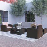 Seneca 5 Piece Outdoor Faux Rattan Chair, Sofa and Table Set in Seneca Chocolate Brown