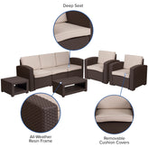Seneca 5 Piece Outdoor Faux Rattan Chair, Sofa and Table Set in Seneca Chocolate Brown
