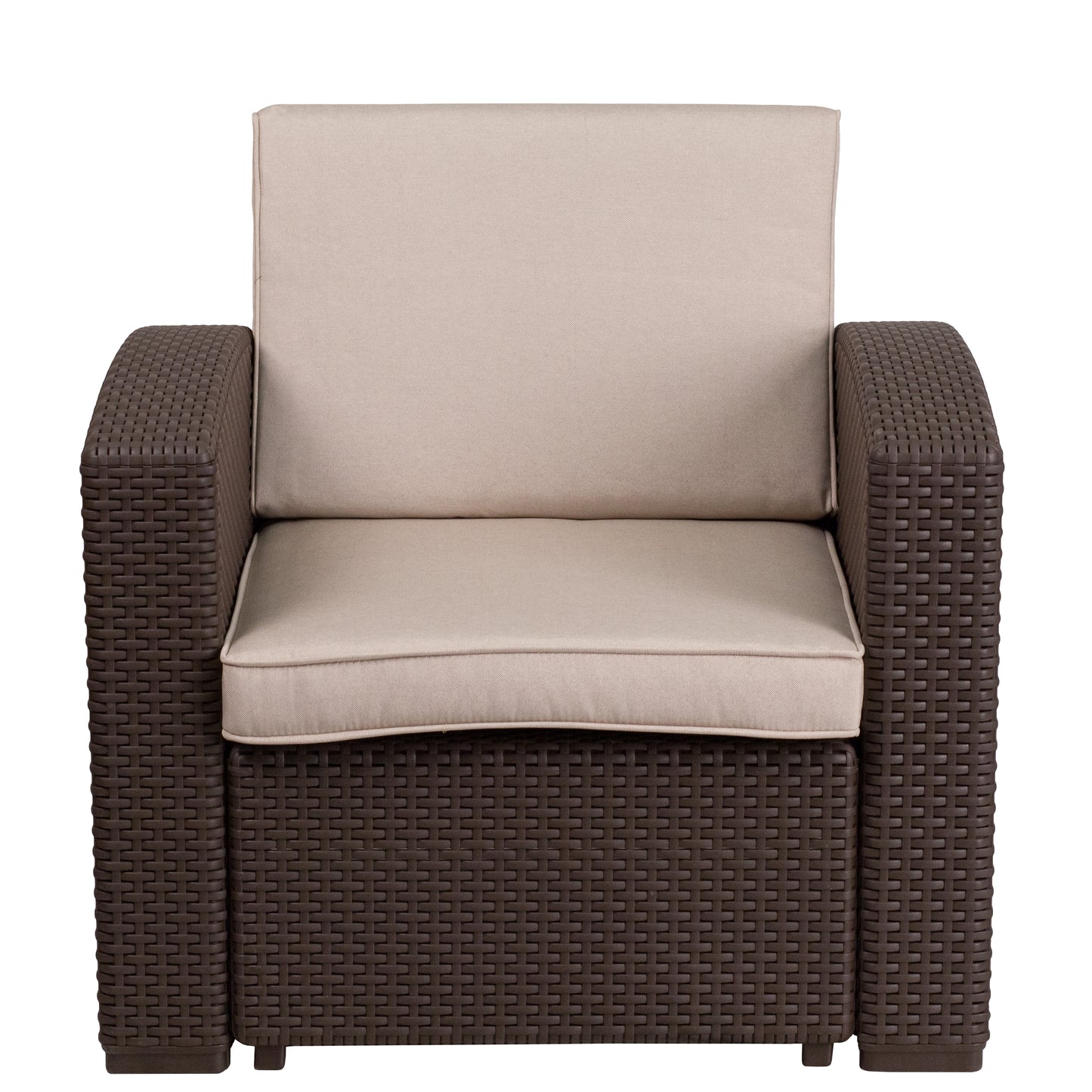 Seneca Chocolate Brown Faux Rattan Chair with All-Weather Beige Cushion