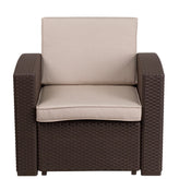 Seneca Chocolate Brown Faux Rattan Chair with All-Weather Beige Cushion