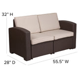 Seneca Chocolate Brown Faux Rattan Loveseat with All-Weather Beige Cushions