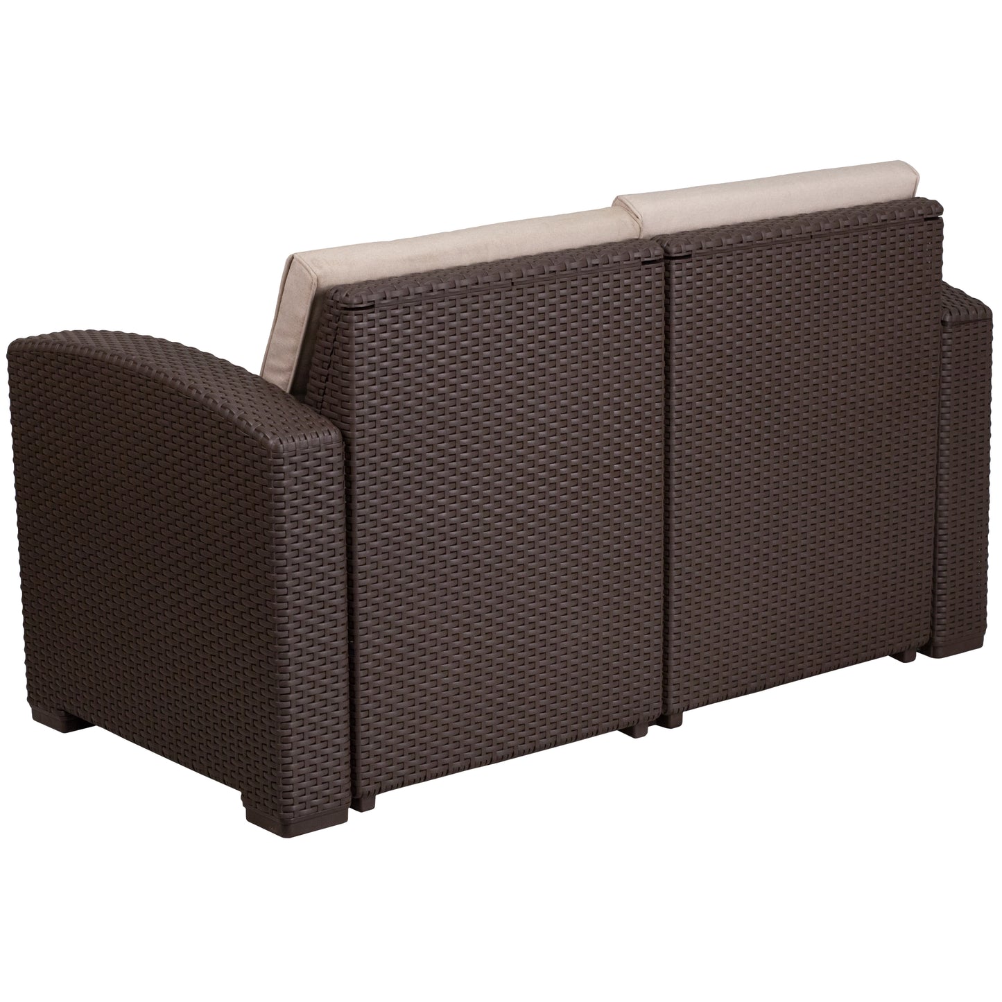 Seneca Chocolate Brown Faux Rattan Loveseat with All-Weather Beige Cushions