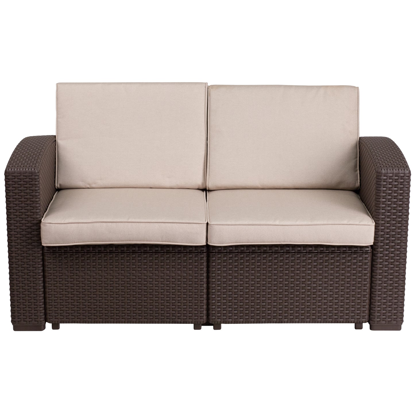 Seneca Chocolate Brown Faux Rattan Loveseat with All-Weather Beige Cushions