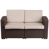 Seneca Chocolate Brown Faux Rattan Loveseat with All-Weather Beige Cushions