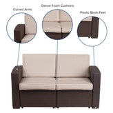 Seneca Chocolate Brown Faux Rattan Loveseat with All-Weather Beige Cushions