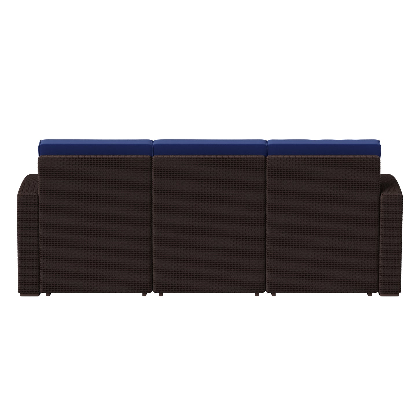 Seneca Brown Faux Rattan Sofa with All-Weather Navy Cushions