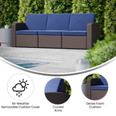 Seneca Brown Faux Rattan Sofa with All-Weather Navy Cushions
