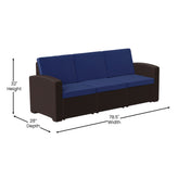 Seneca Brown Faux Rattan Sofa with All-Weather Navy Cushions