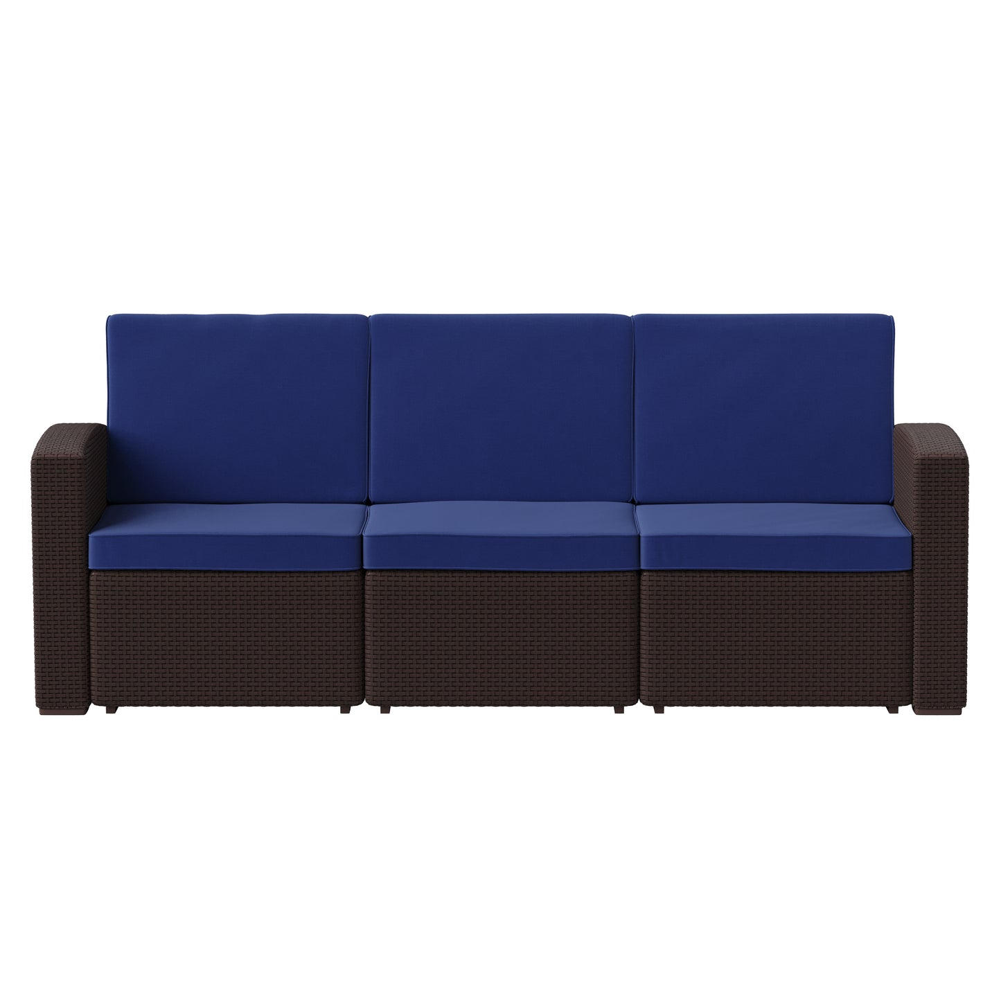 Seneca Brown Faux Rattan Sofa with All-Weather Navy Cushions