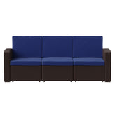 Seneca Brown Faux Rattan Sofa with All-Weather Navy Cushions