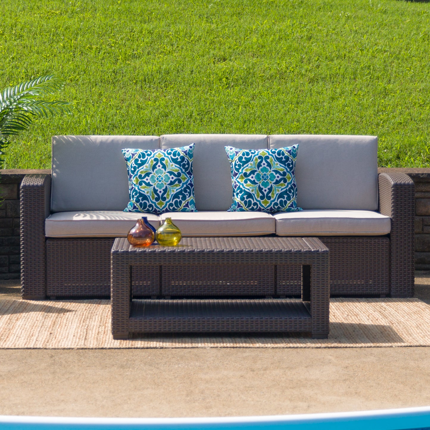 Seneca Chocolate Brown Faux Rattan Sofa with All-Weather Beige Cushions