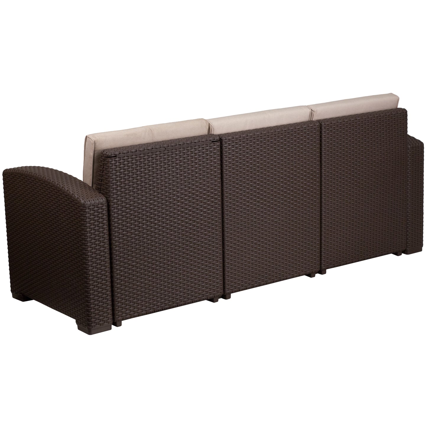 Seneca Chocolate Brown Faux Rattan Sofa with All-Weather Beige Cushions