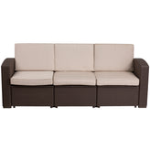 Seneca Chocolate Brown Faux Rattan Sofa with All-Weather Beige Cushions