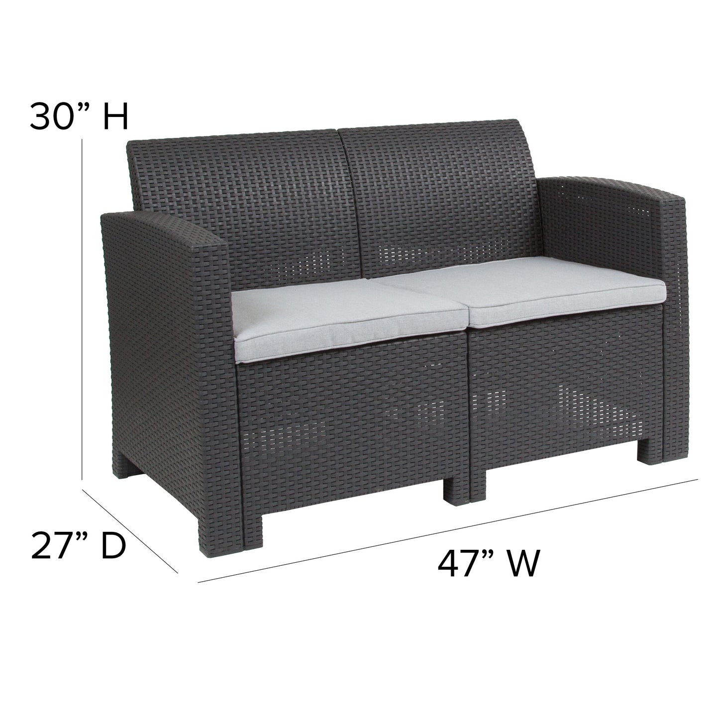 Seneca Dark Gray Faux Rattan Loveseat with All-Weather Seneca Light Gray Cushions