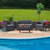 Seneca Dark Gray Faux Rattan Loveseat with All-Weather Seneca Light Gray Cushions