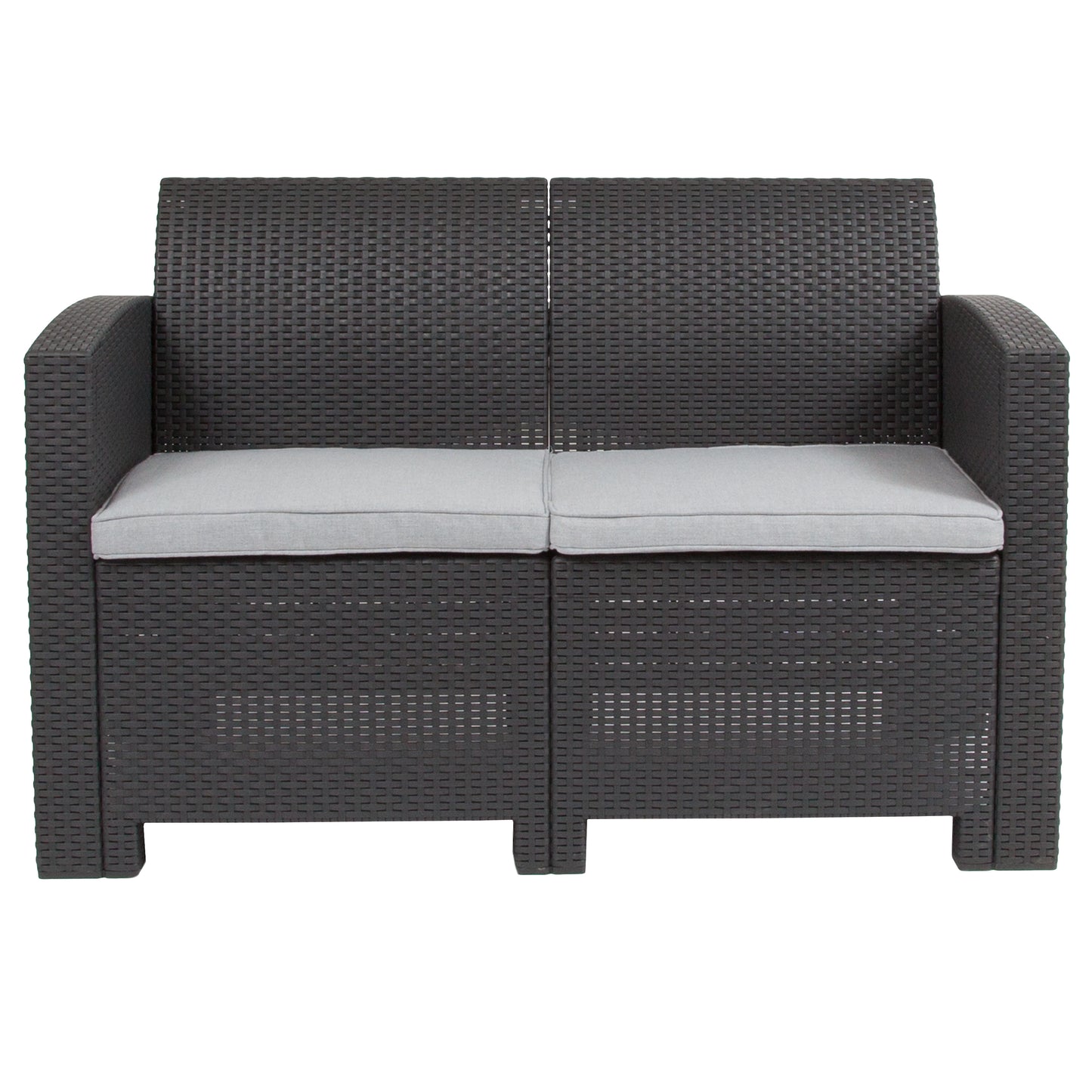 Seneca Dark Gray Faux Rattan Loveseat with All-Weather Seneca Light Gray Cushions
