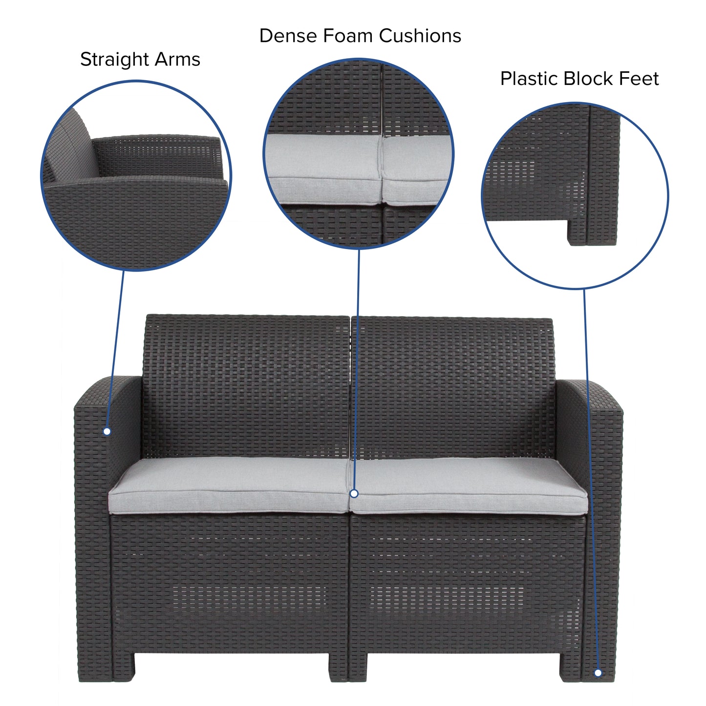 Seneca Dark Gray Faux Rattan Loveseat with All-Weather Seneca Light Gray Cushions