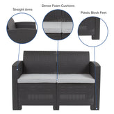 Seneca Dark Gray Faux Rattan Loveseat with All-Weather Seneca Light Gray Cushions