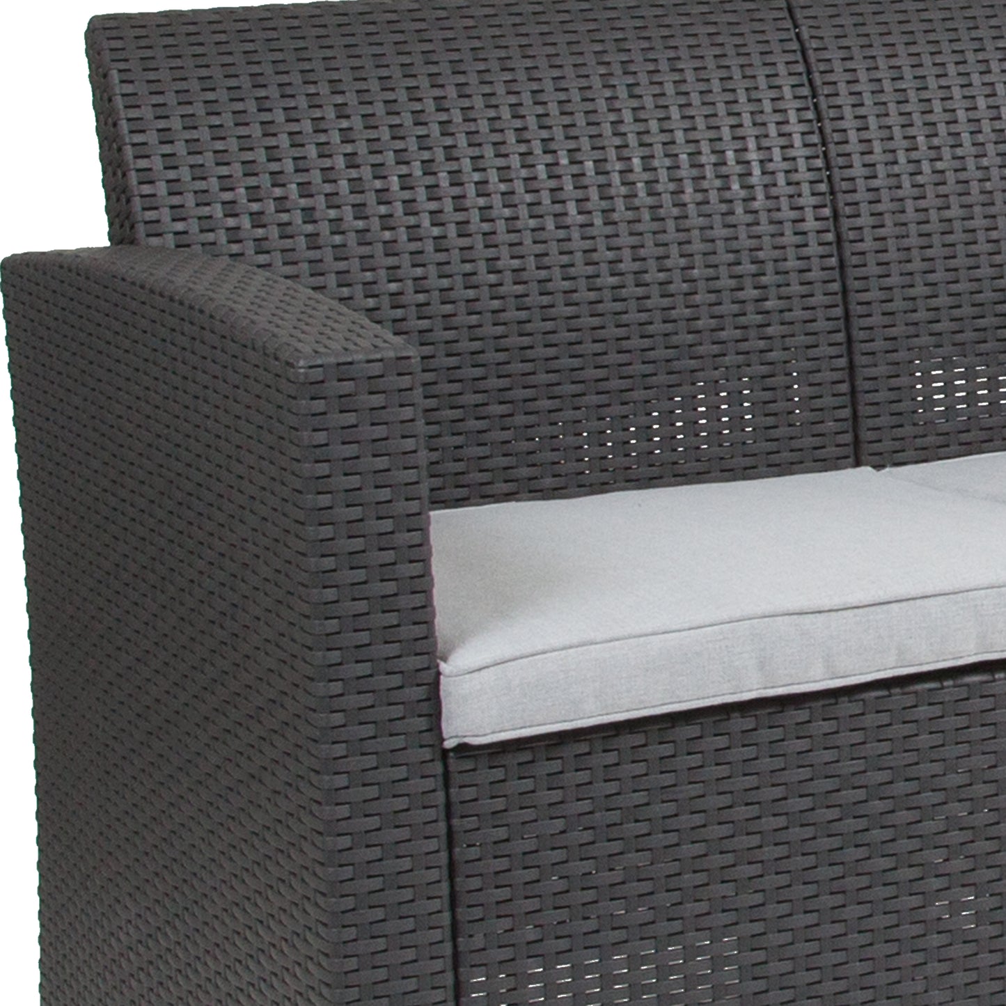 Seneca Dark Gray Faux Rattan Loveseat with All-Weather Seneca Light Gray Cushions