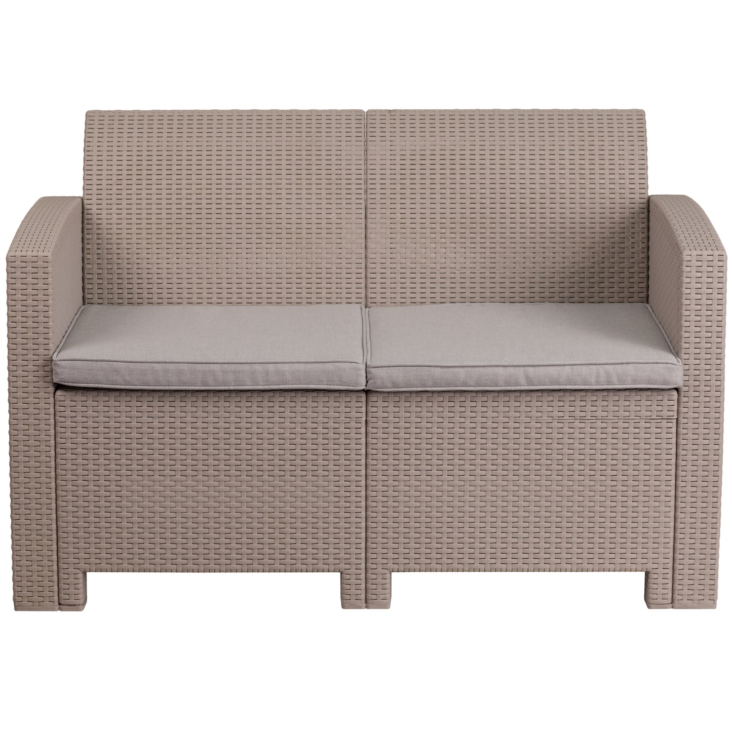 Seneca Light Gray Faux Rattan Loveseat with All-Weather Seneca Light Gray Cushions
