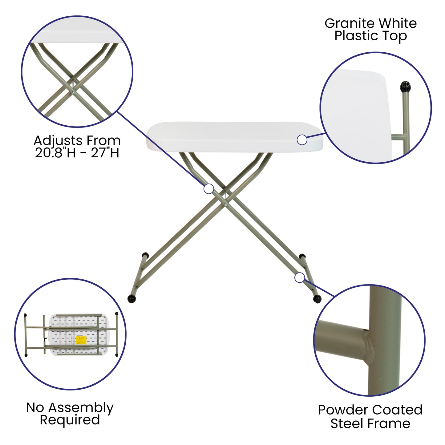 Elon 26 Inch Granite White Indoor/Outdoor Plastic Folding Table, Adjustable Height Commercial Grade Side Table, Laptop Table, TV Tray
