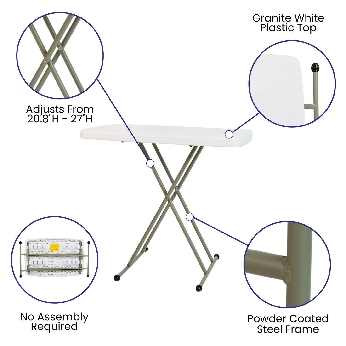 Elon 30 Inch Granite White Indoor/Outdoor Plastic Folding Table, Adjustable Height Commercial Grade Side Table, Laptop Table, TV Tray