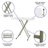 Elon 30 Inch Granite White Indoor/Outdoor Plastic Folding Table, Adjustable Height Commercial Grade Side Table, Laptop Table, TV Tray