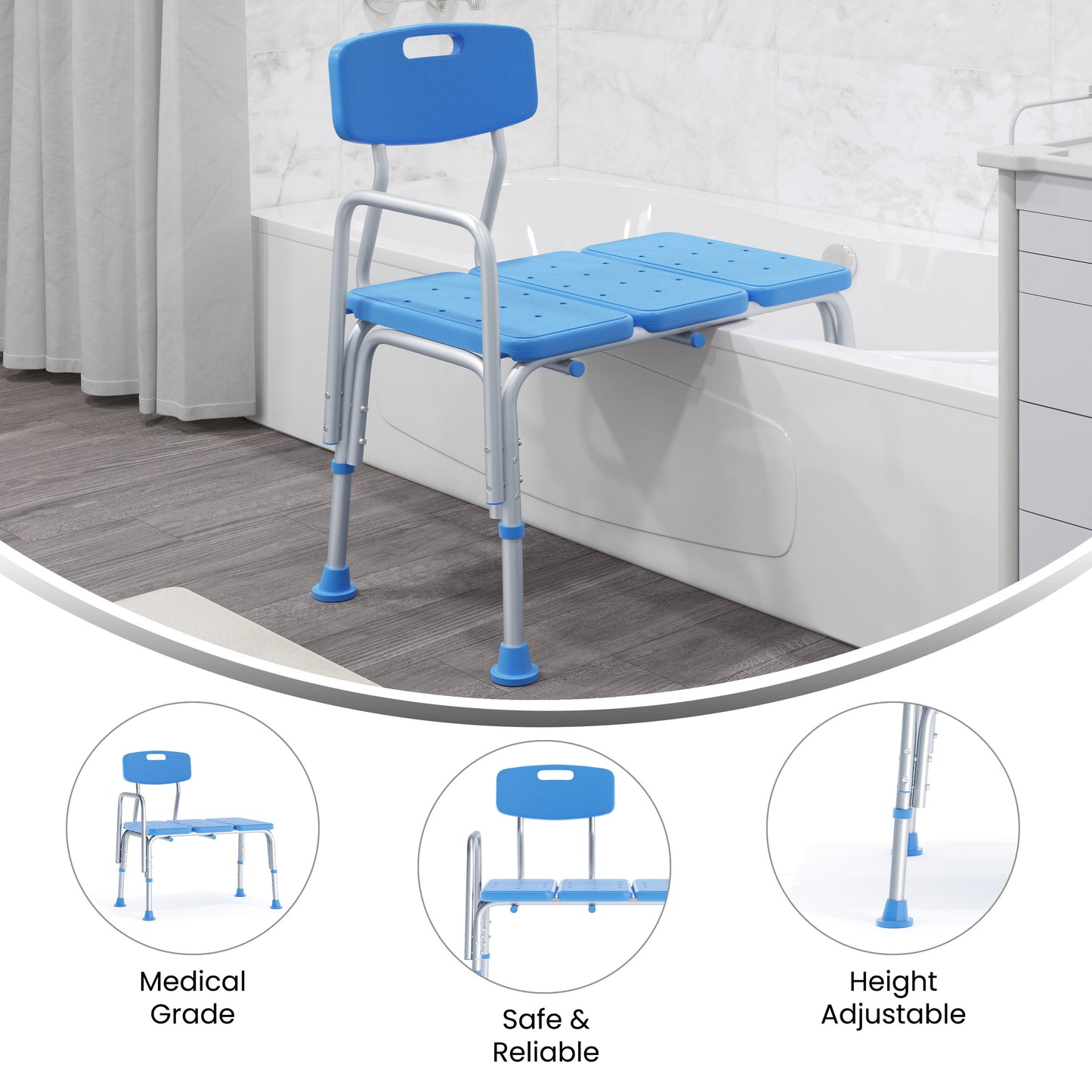 HERCULES Adjustable Bath & Shower Transfer Bench with Height-Adjust Frame, Supportive Back, Side Arm, 300 lbs. Static Weight Capacity in Blue