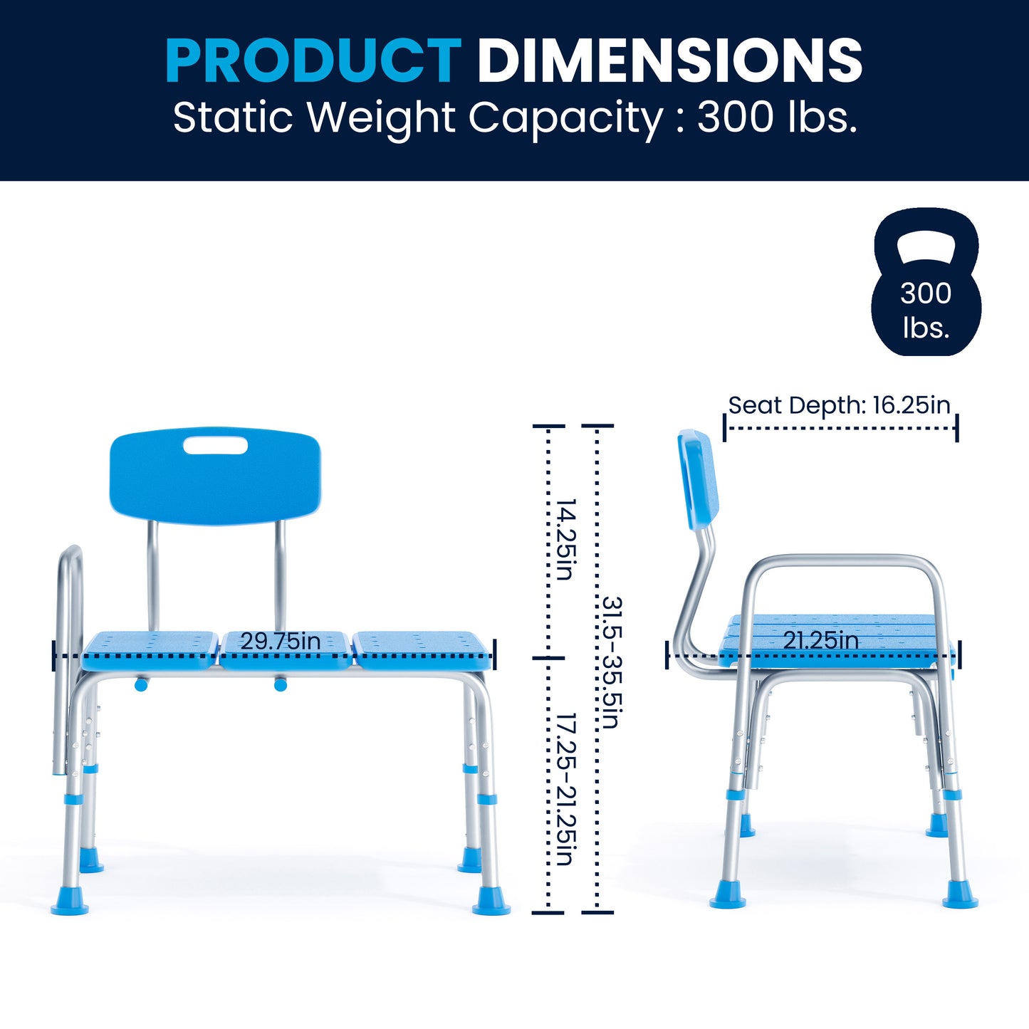 HERCULES Adjustable Bath & Shower Transfer Bench with Height-Adjust Frame, Supportive Back, Side Arm, 300 lbs. Static Weight Capacity in Blue