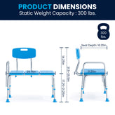 HERCULES Adjustable Bath & Shower Transfer Bench with Height-Adjust Frame, Supportive Back, Side Arm, 300 lbs. Static Weight Capacity in Blue