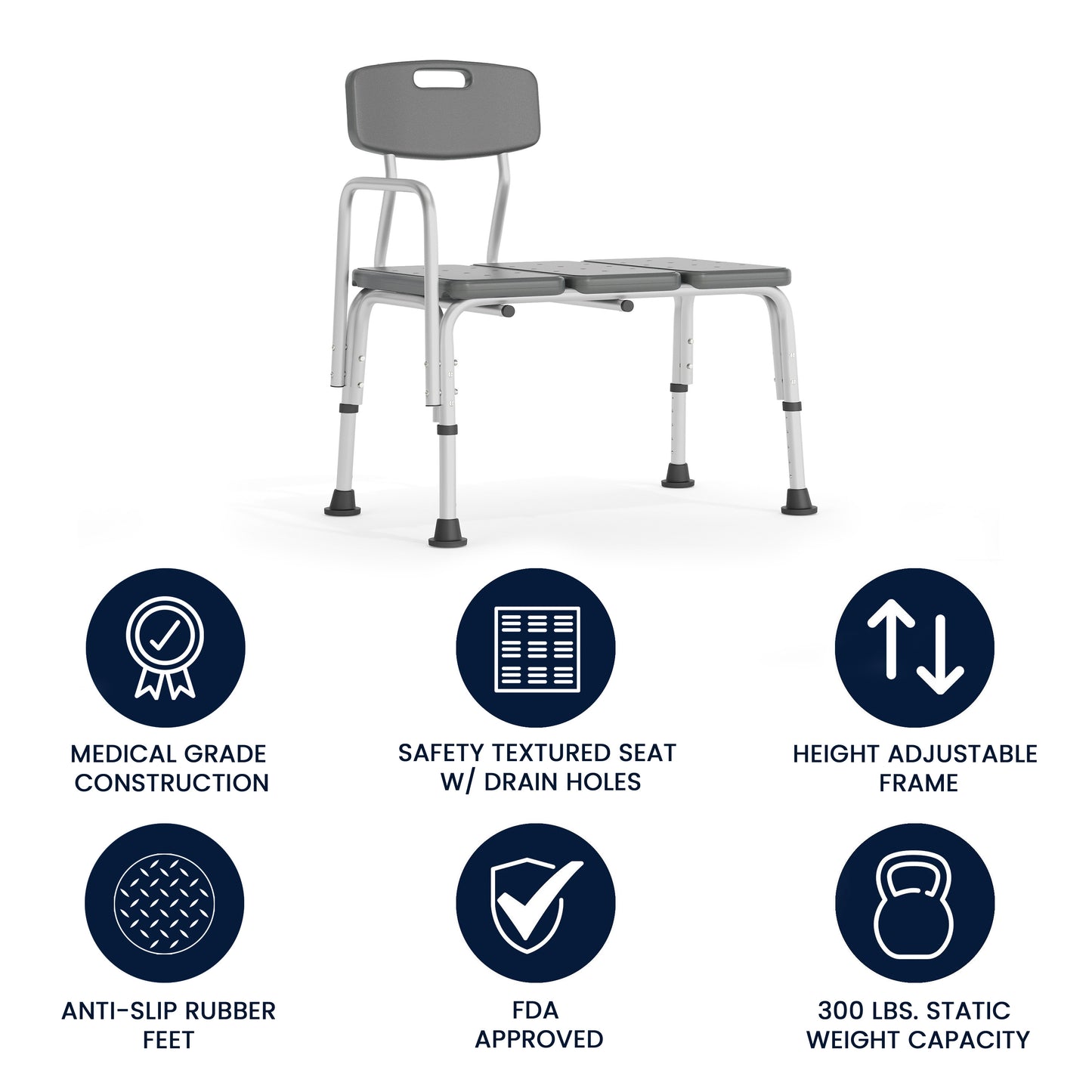 HERCULES Series 300 Lb. Capacity Adjustable Gray Bath & Shower Transfer Bench with Back and Side Arm