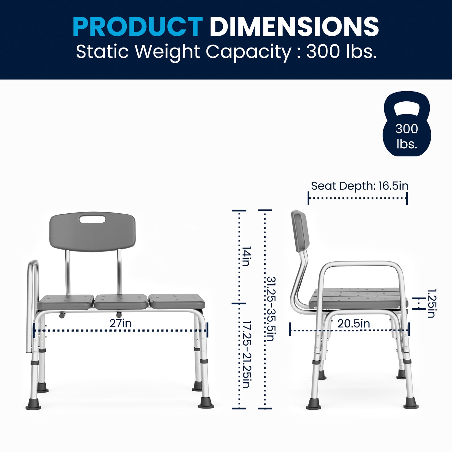 HERCULES Series 300 Lb. Capacity Adjustable Gray Bath & Shower Transfer Bench with Back and Side Arm
