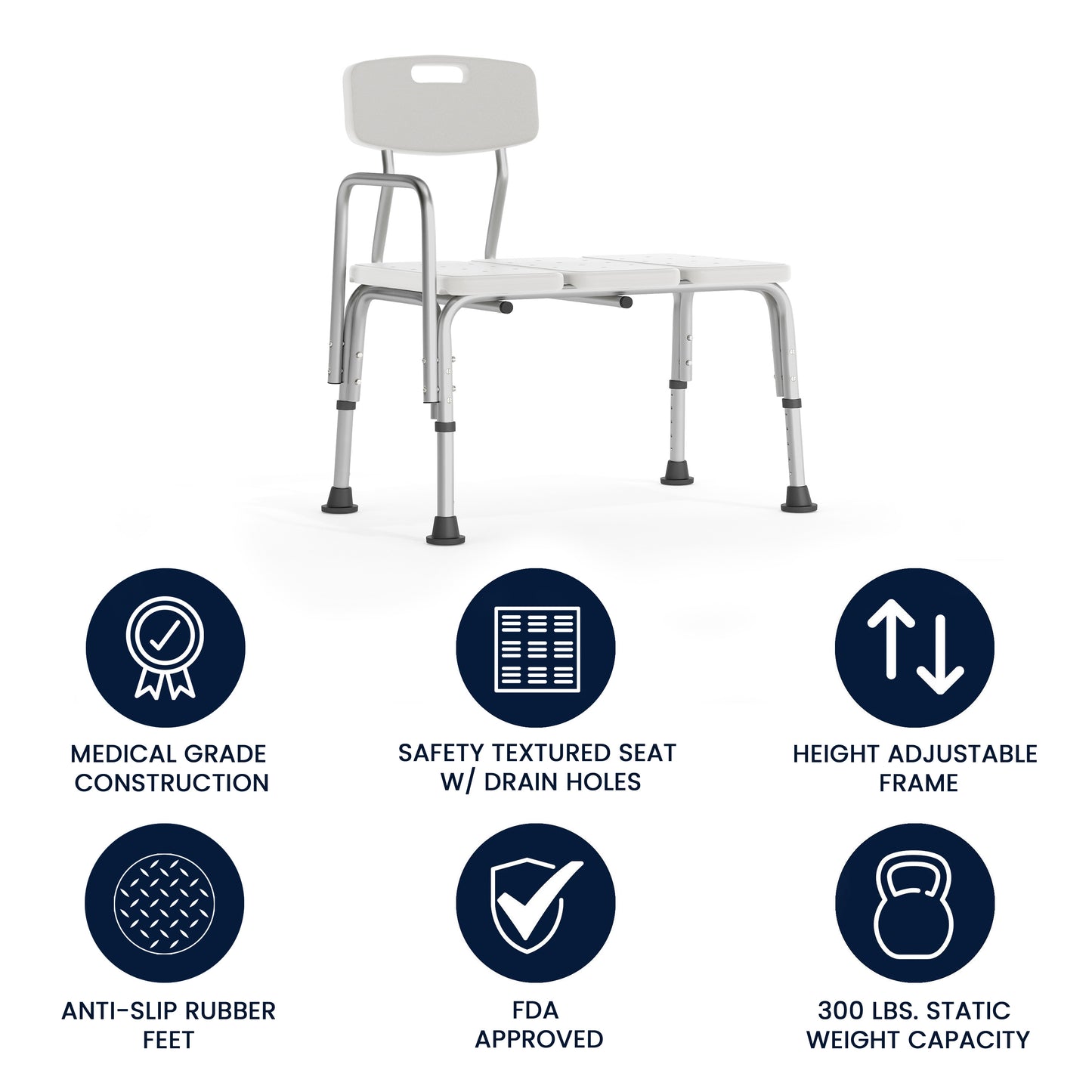 HERCULES Series 300 Lb. Capacity Adjustable White Bath & Shower Transfer Bench with Back and Side Arm