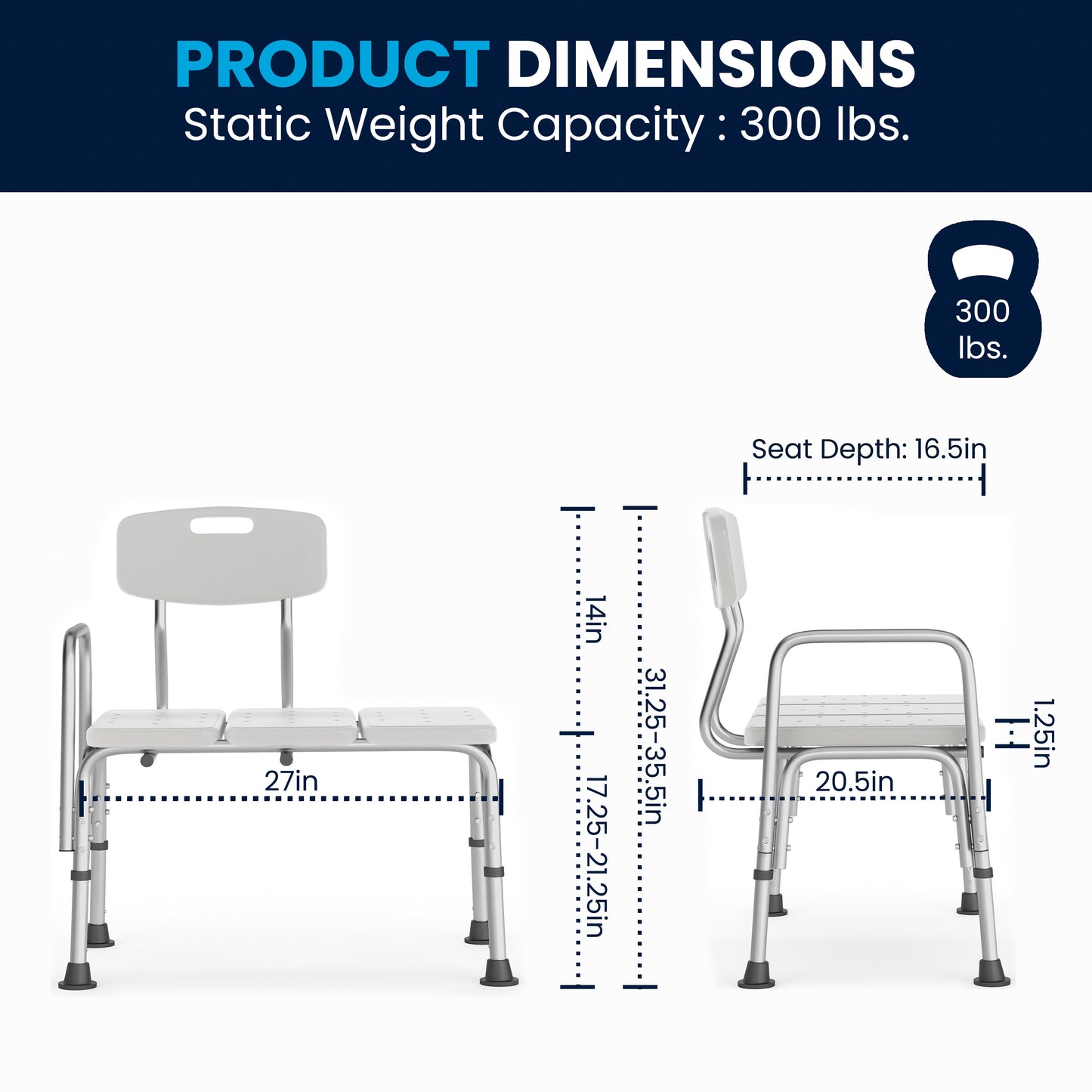 HERCULES Series 300 Lb. Capacity Adjustable White Bath & Shower Transfer Bench with Back and Side Arm