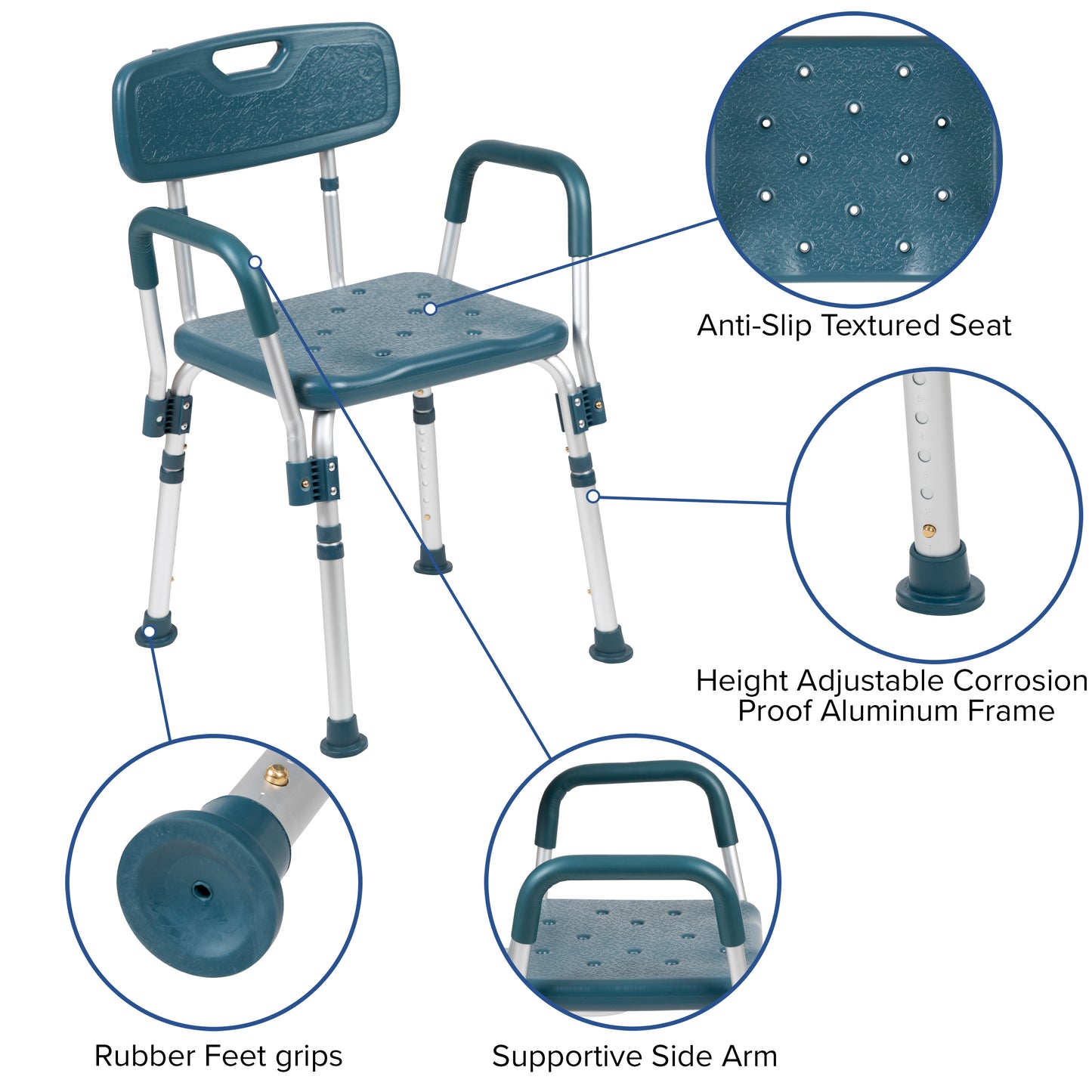 HERCULES Series 300 Lb. Capacity Adjustable Navy Bath & Shower Chair with Quick Release Back & Arms