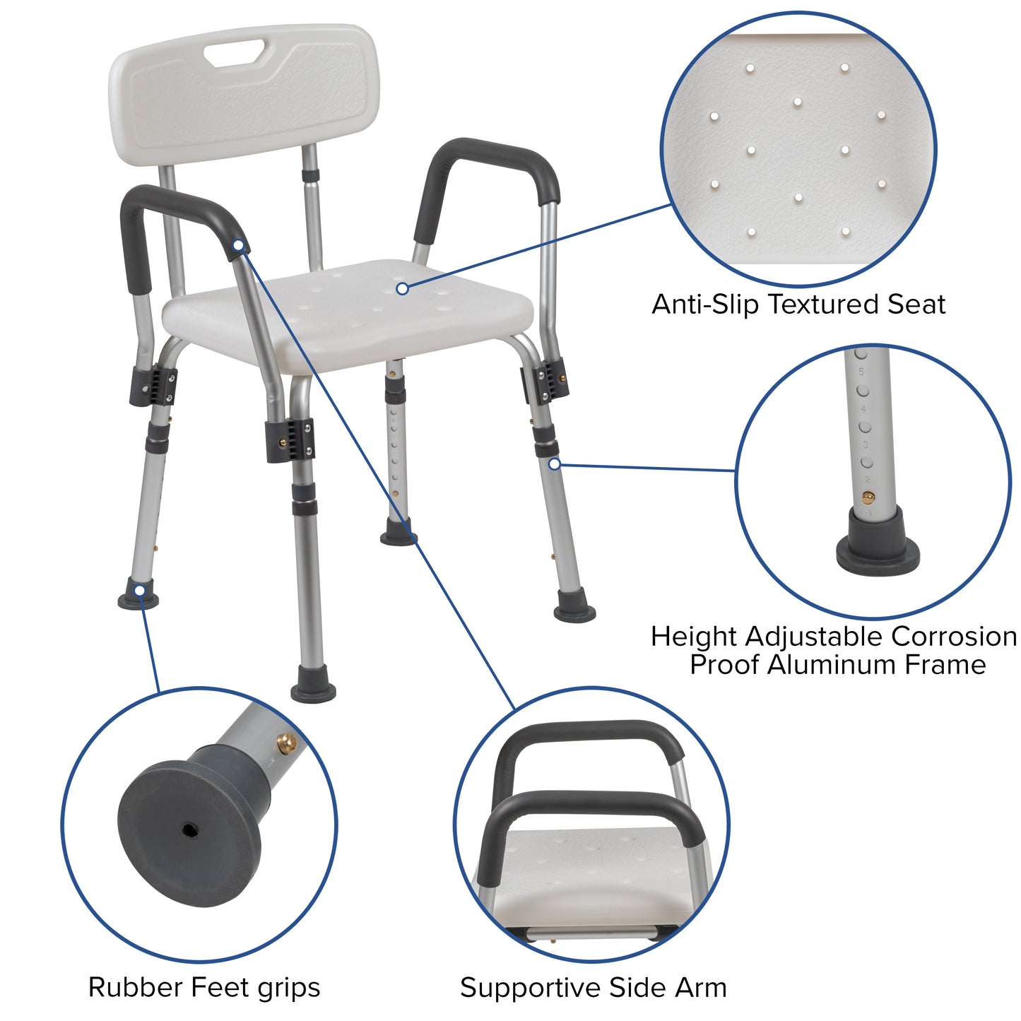 HERCULES Series 300 Lb. Capacity Adjustable White Bath & Shower Chair with Quick Release Back & Arms