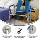 Hercules Blue Shower Commode Chair with Safety Rail, Height Adjustable Frame, Padded Seat & Armrests, Commode Pail with Lid, Fits Most Toilets