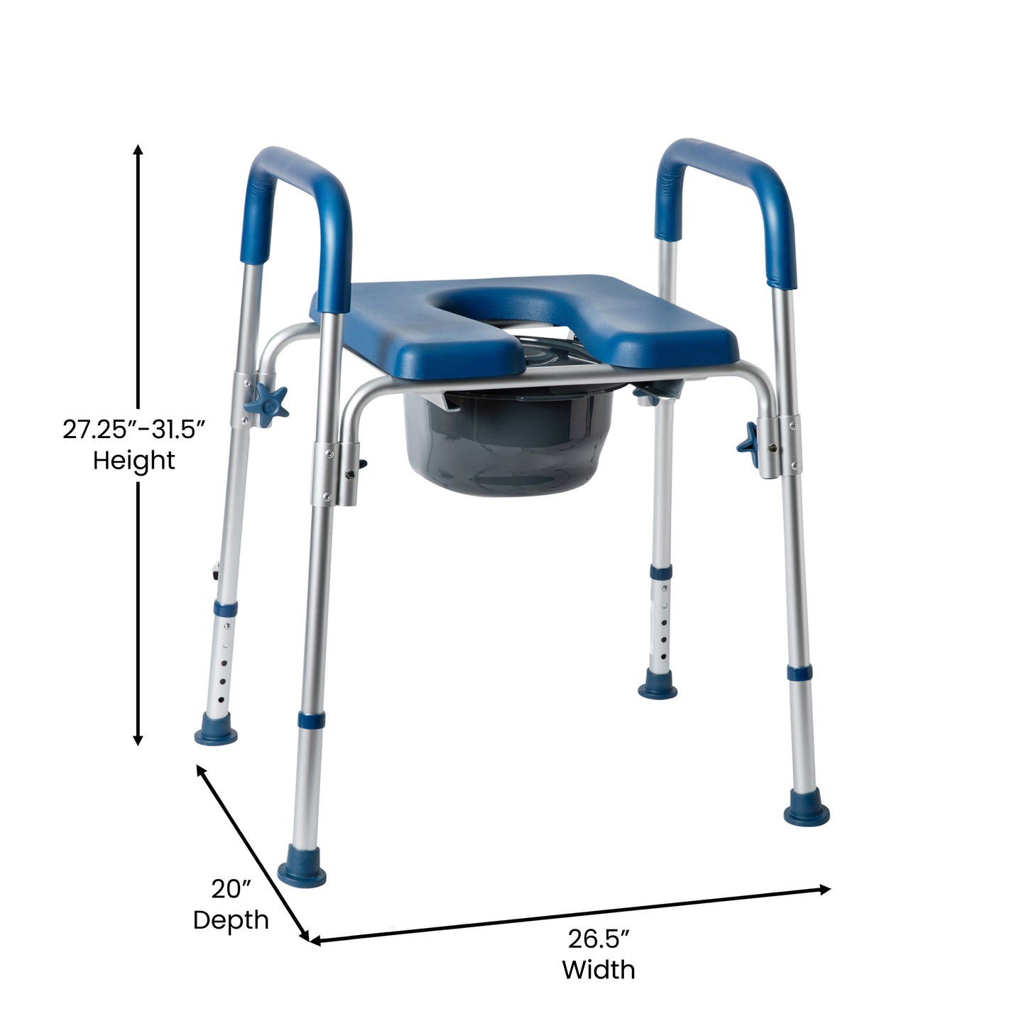 Hercules Blue Shower Commode Chair with Safety Rail, Height Adjustable Frame, Padded Seat & Armrests, Commode Pail with Lid, Fits Most Toilets
