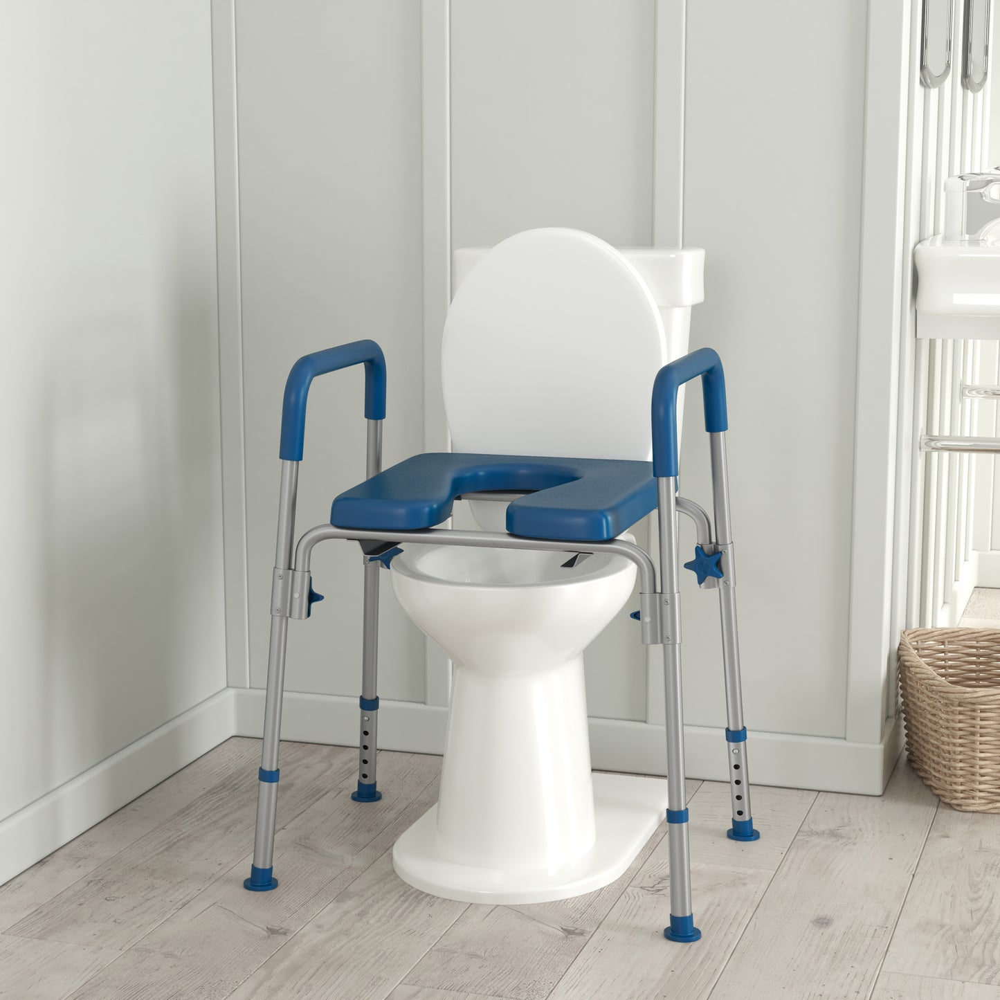 Hercules Blue Shower Commode Chair with Safety Rail, Height Adjustable Frame, Padded Seat & Armrests, Commode Pail with Lid, Fits Most Toilets