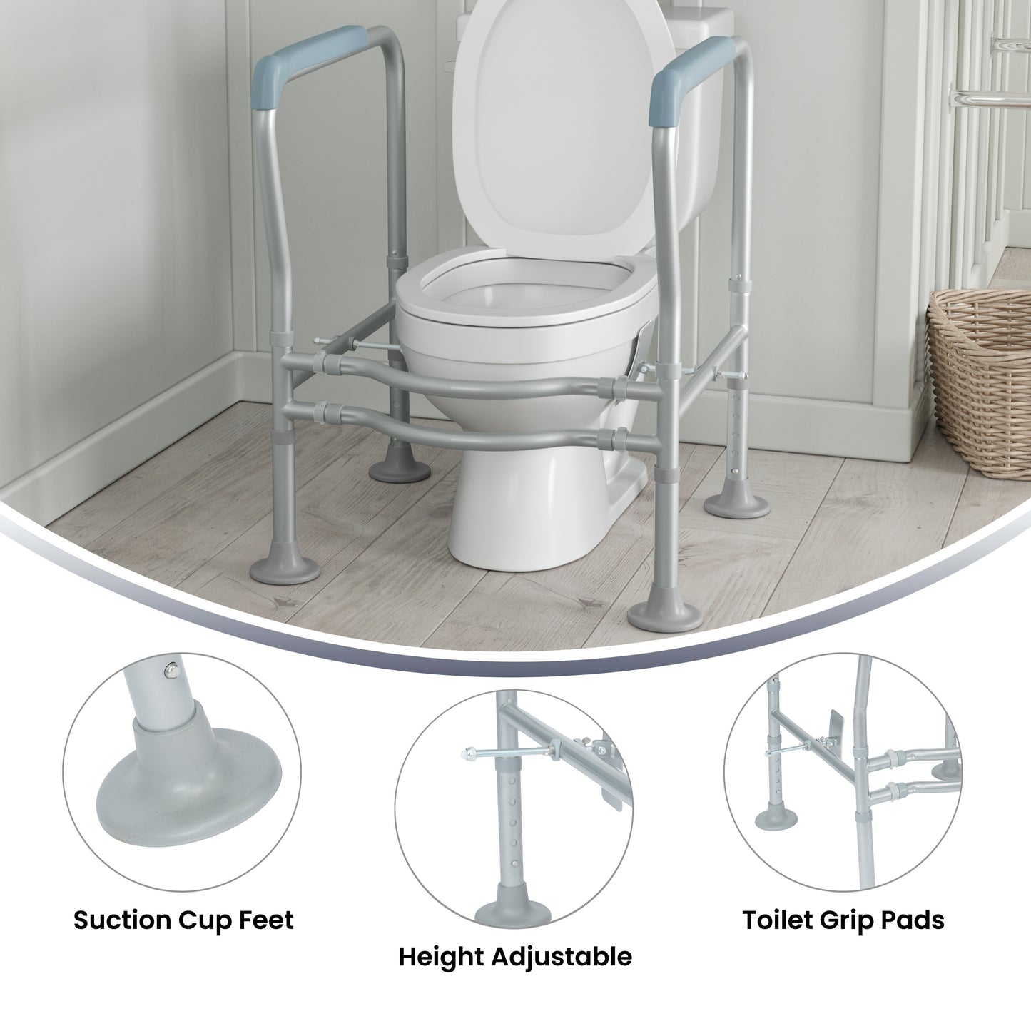 HERCULES Adjustable Toilet Safety Rail with Silver Steel Frame, Gray Padded Handles and Suction Cup Feet for Stability