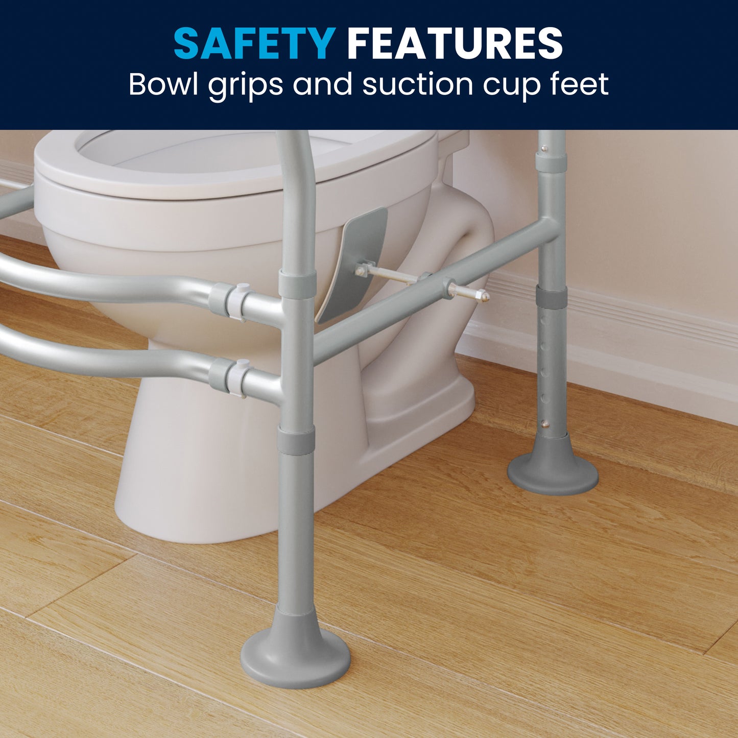 HERCULES Adjustable Toilet Safety Rail with Silver Steel Frame, Gray Padded Handles and Suction Cup Feet for Stability