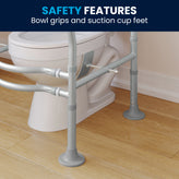 HERCULES Adjustable Toilet Safety Rail with Silver Steel Frame, Gray Padded Handles and Suction Cup Feet for Stability