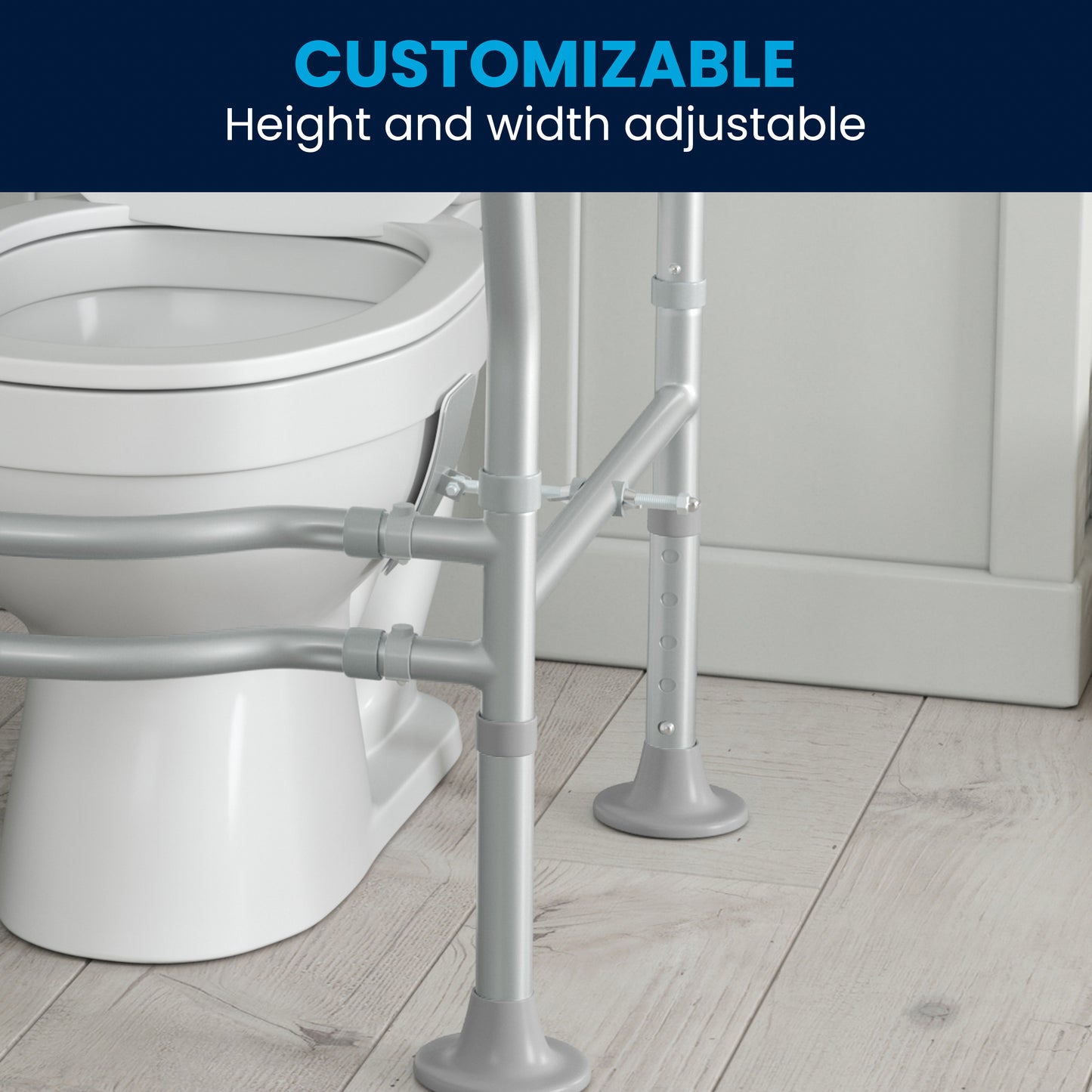 HERCULES Adjustable Toilet Safety Rail with Silver Steel Frame, Gray Padded Handles and Suction Cup Feet for Stability