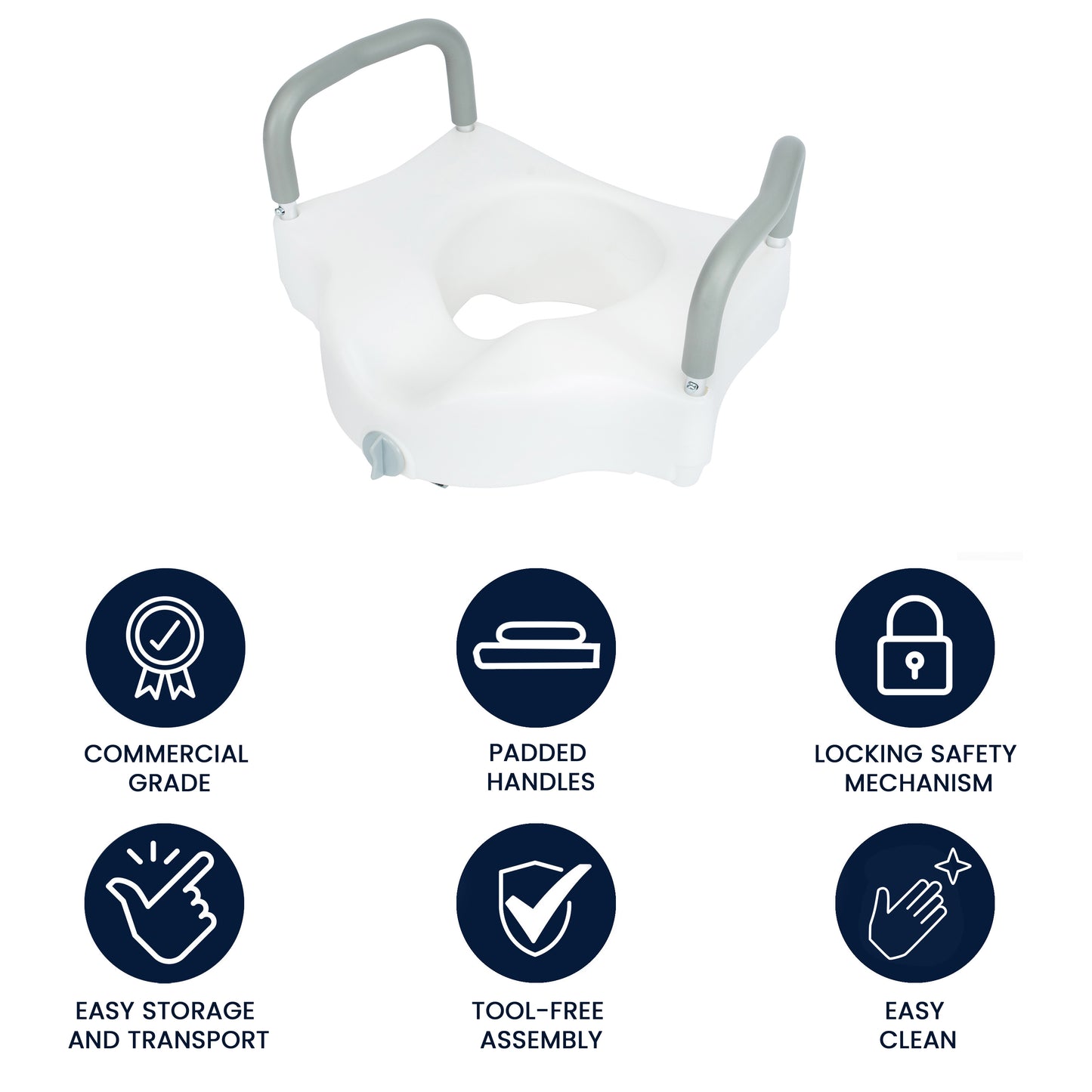 HERCULES White Elevated Toilet Seat with Height Adjustable Padded Arms and Locking Safety Mechanism