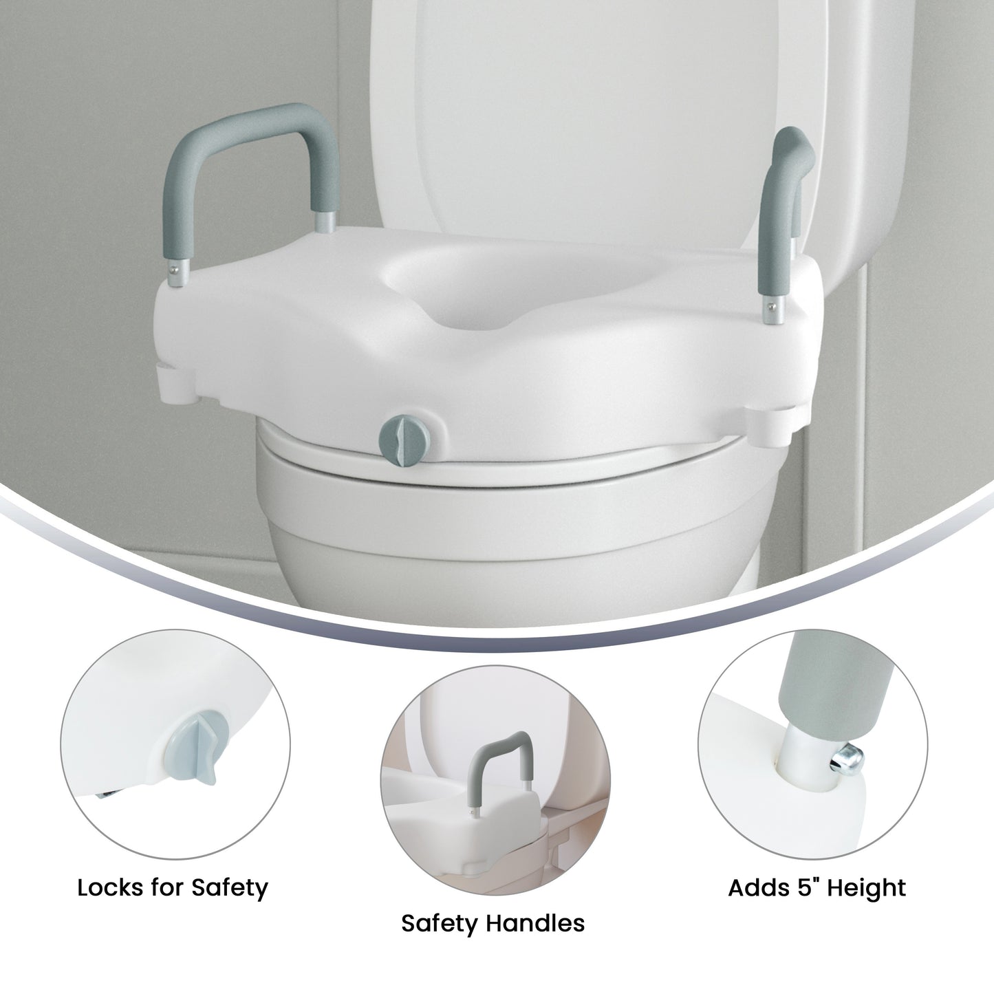 HERCULES White Elevated Toilet Seat with Height Adjustable Padded Arms and Locking Safety Mechanism