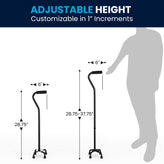 HERCULES Adjustable Quad Cane with Comfort Grip Foam Padded Handle, Large 4-Pronged Base for Stability, and Left or Right Handed Use in Black