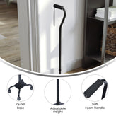 HERCULES Adjustable Quad Cane with Comfort Grip Foam Padded Handle, Large 4-Pronged Base for Stability, and Left or Right Handed Use in Black