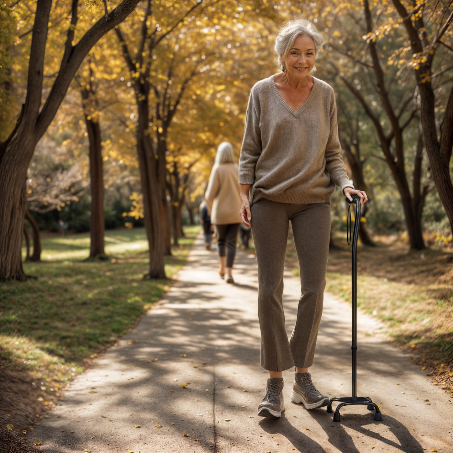 HERCULES Adjustable Quad Cane with Comfort Grip Foam Padded Handle, Large 4-Pronged Base for Stability, and Left or Right Handed Use in Black