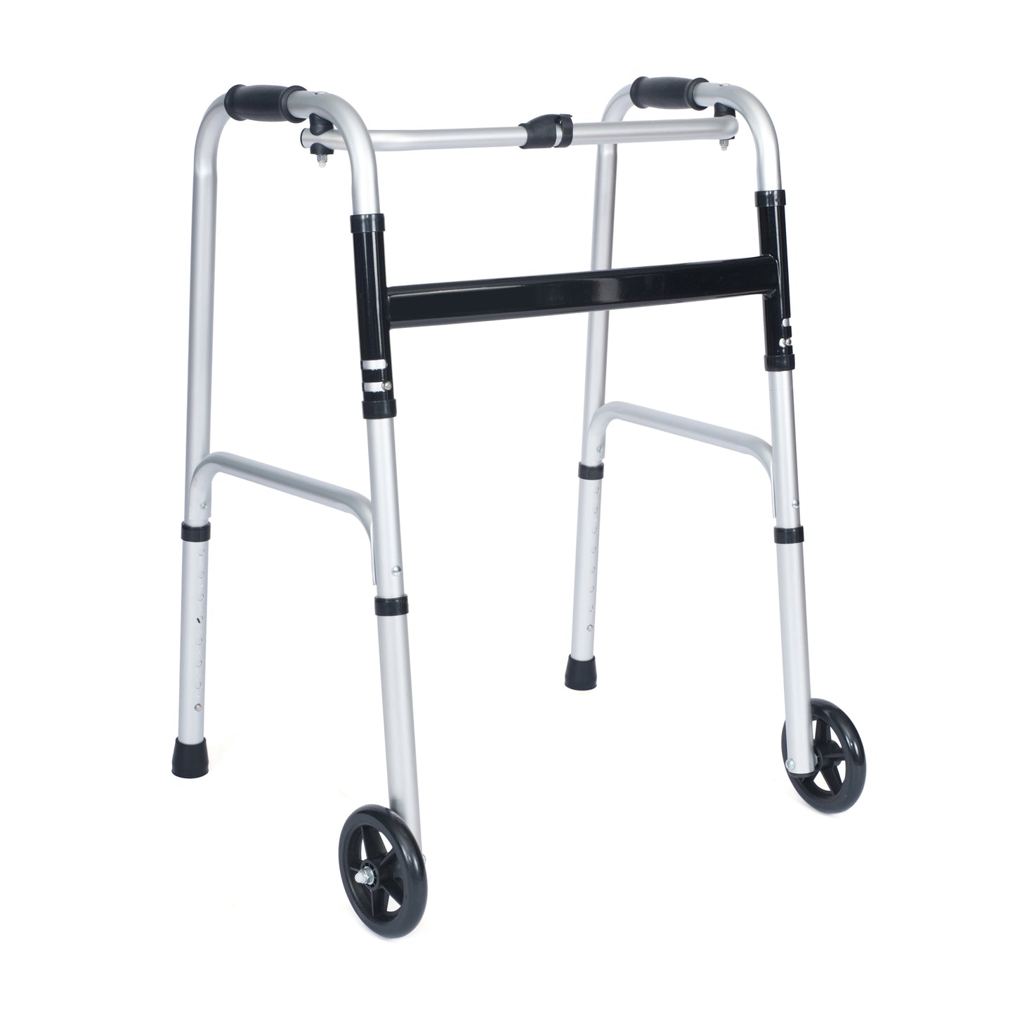 HERCULES Folding Walker with Adjustable Height, Interchangeable Wheels or Feet, Dual Frame Types, and Lightweight Design in Silver/Black